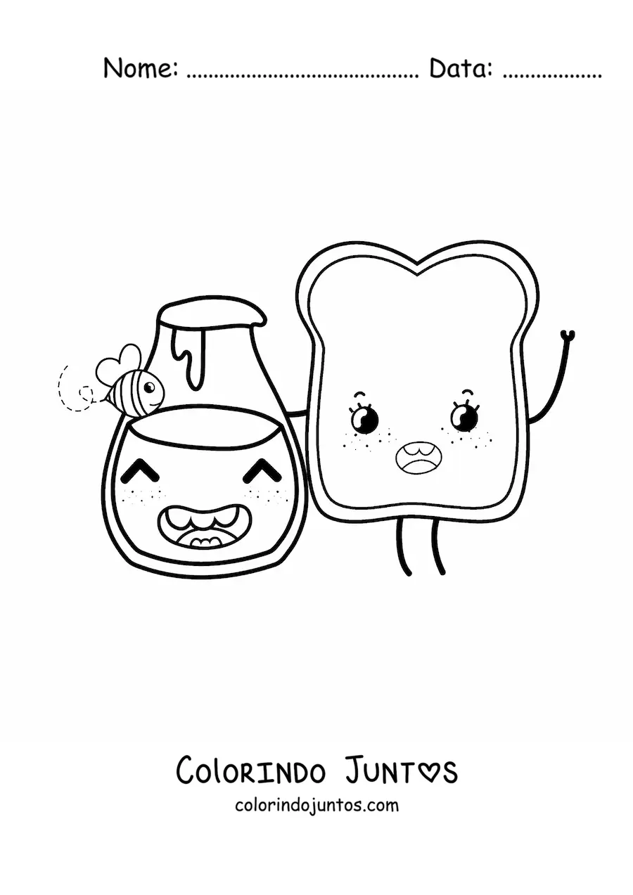 Desenho para colorir de uma torrada animada kawaii com um pote de mel e uma abelha