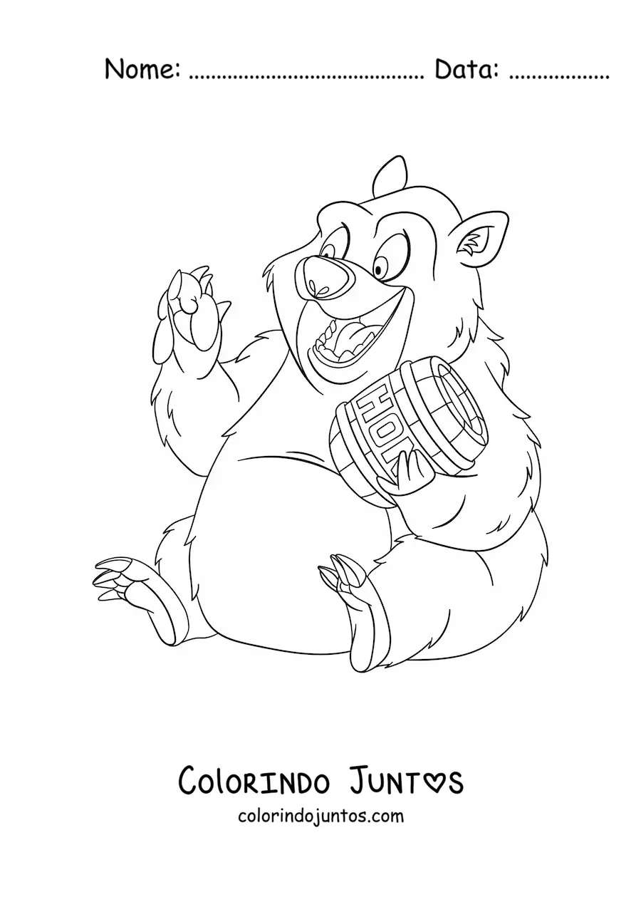 Desenho para colorir de um urso animado comendo mel