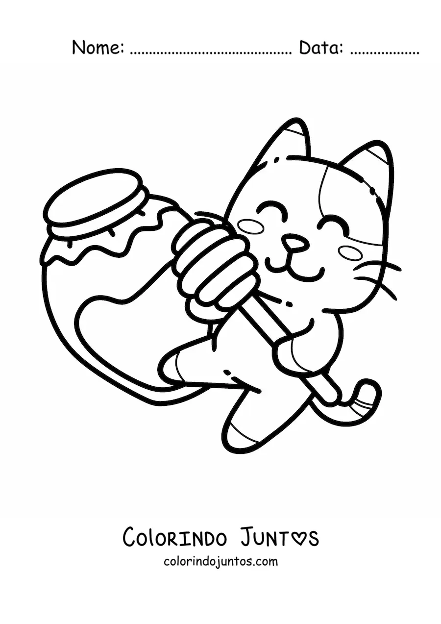 Desenho para colorir de um gato animado com um pote de mel