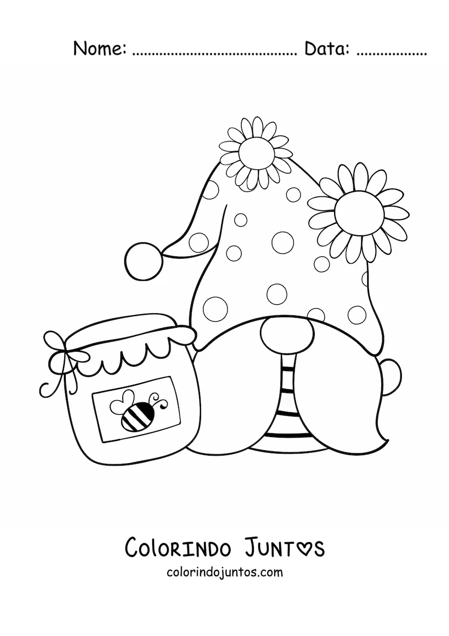 Desenho para colorir de um gnomo kawaii com um pote de mel