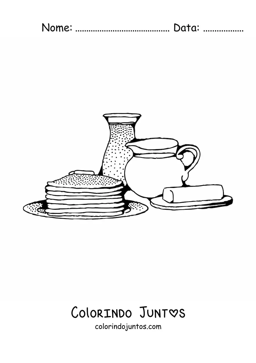 Desenho para colorir de várias panquecas com margarina e leite