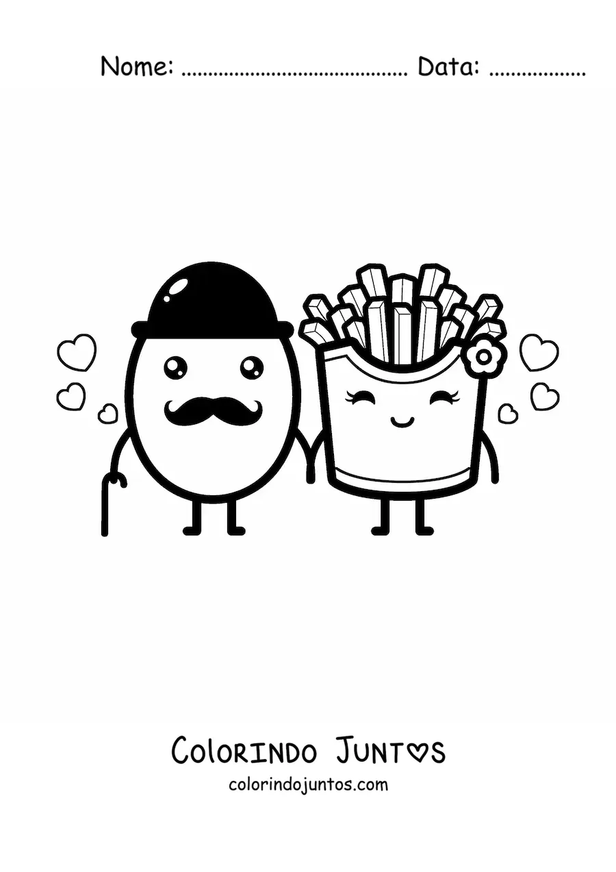Desenho para colorir de um casal de batata com bigode ao lado de batatas fritas animadas