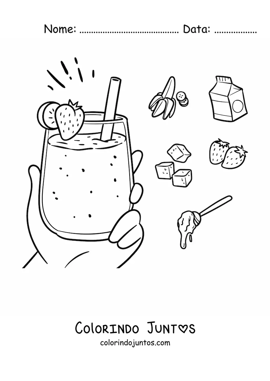 Desenho para colorir de uma mao segurando um smoothie de morango cercada pelos seus ingredientes