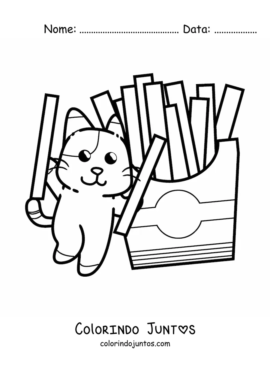 Desenho para colorir de um gato animado brincando com batatas fritas