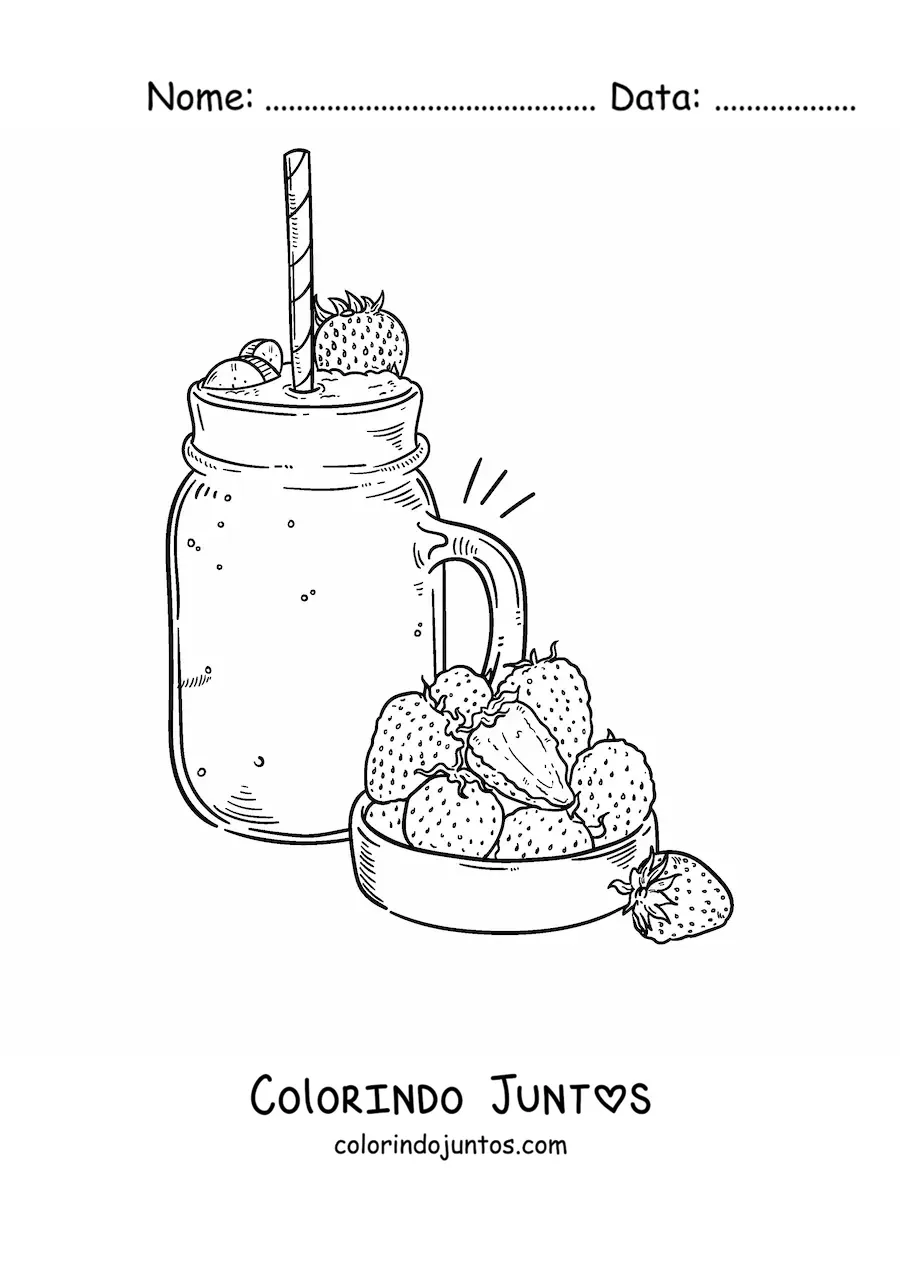 Desenho para colorir de uma jarra com um milk-shake de morango ao lado de varios morangos