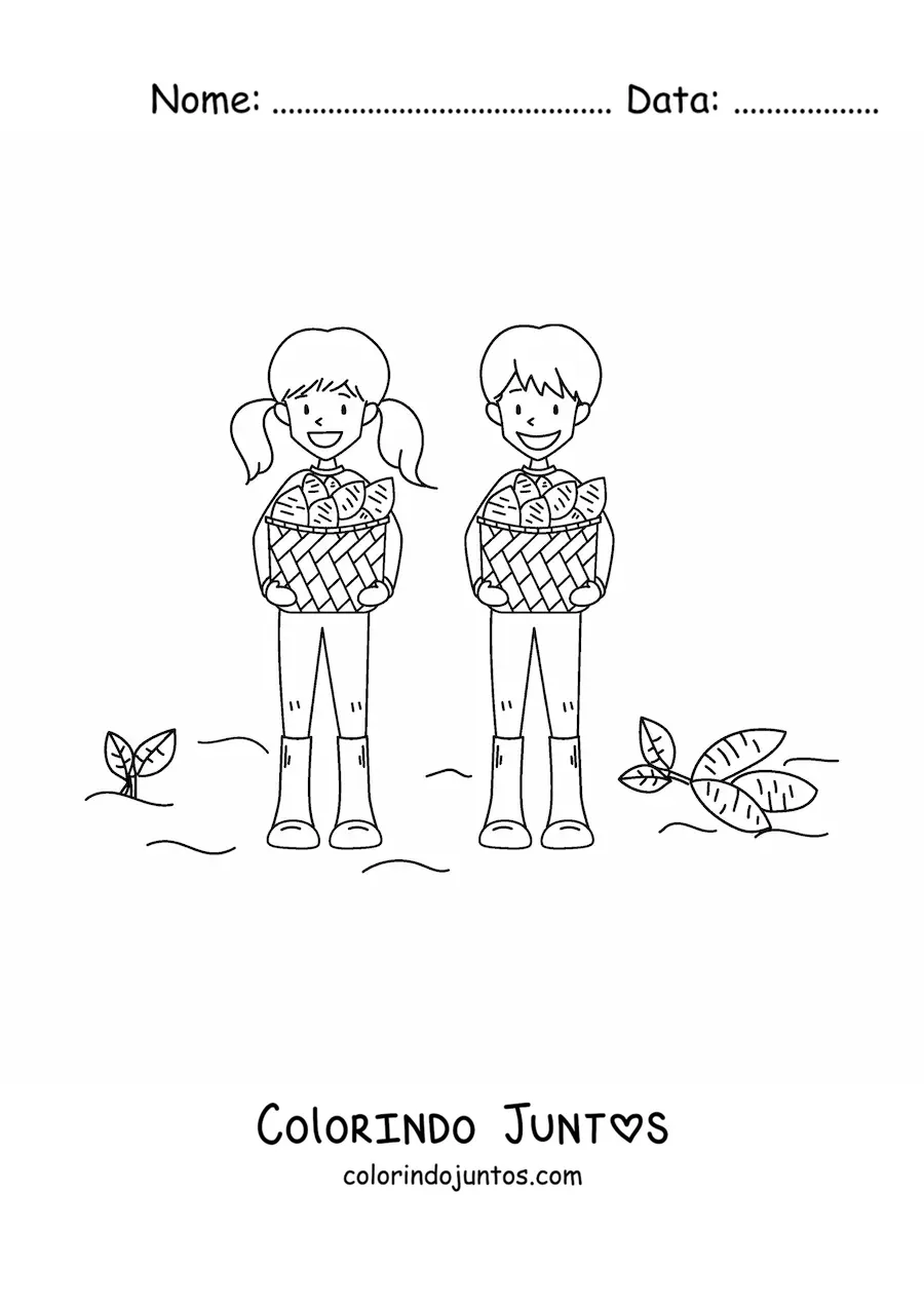 Desenho para colorir de duas crianças colhendo batatas