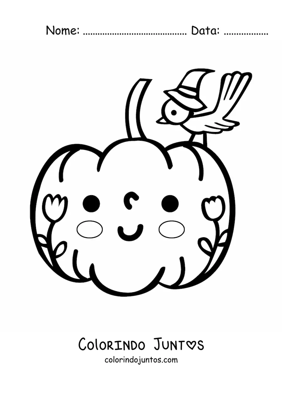 Desenho para colorir de uma abóbora kawaii com flores e um pássaro