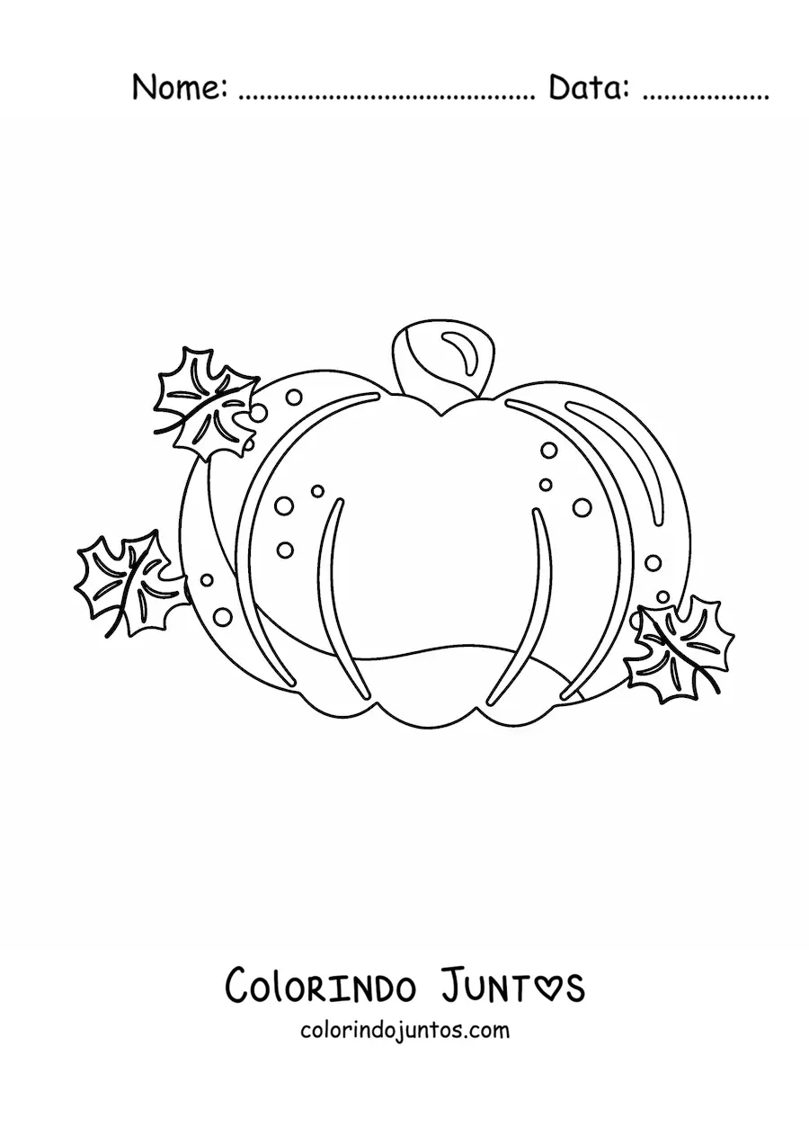 Desenho para colorir de uma abóbora ao lado de folhas de outono