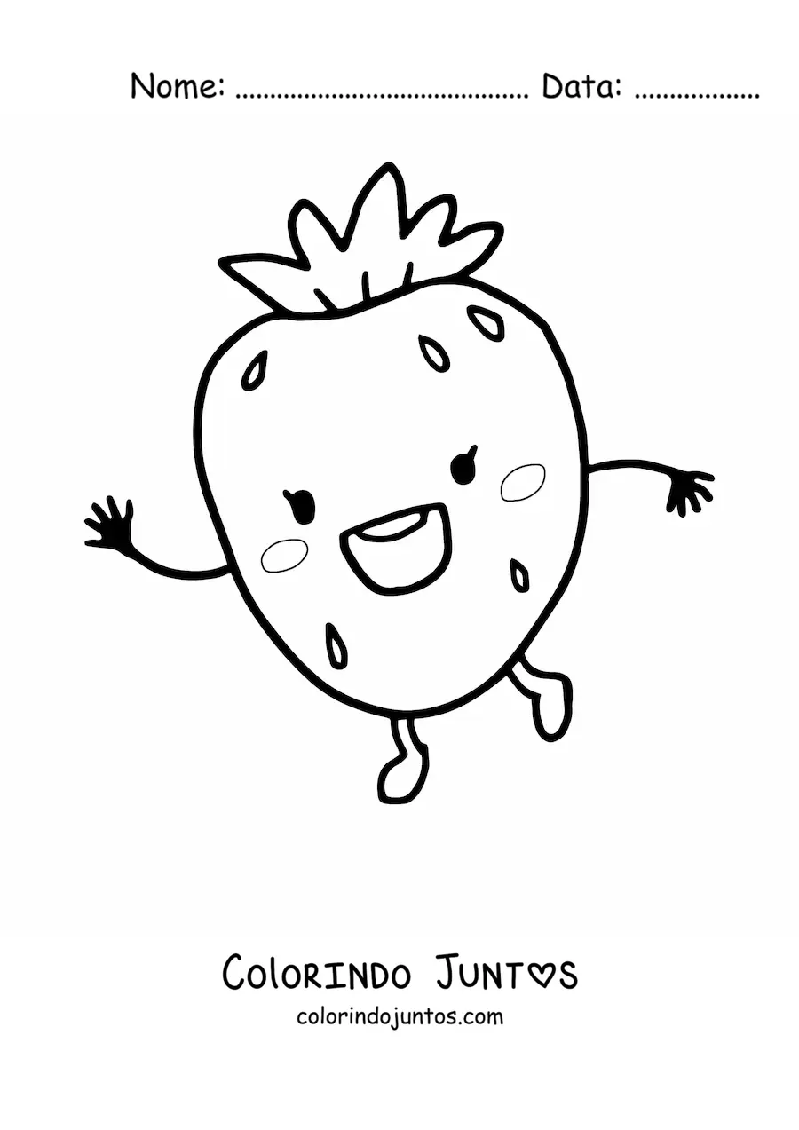 Desenho para colorir de um morango kawaii animado acenando feliz