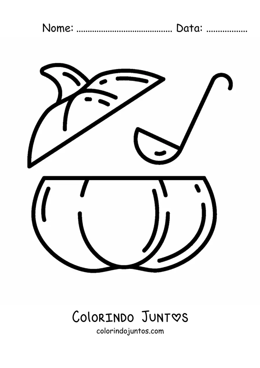 Desenho para colorir de uma concha servindo sopa de dentro de uma abóbora