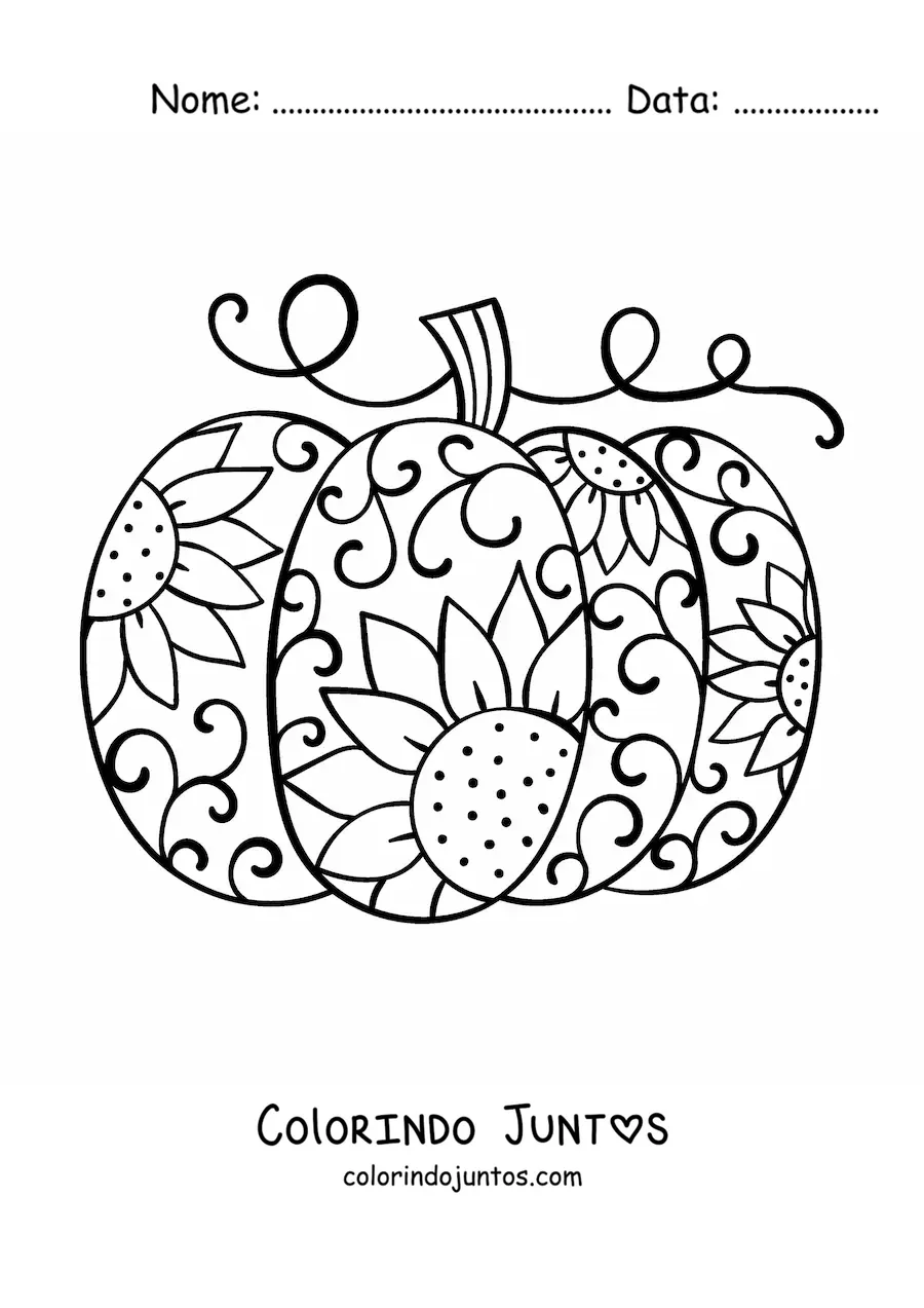Desenho para colorir de uma abóbora com estampa de flores