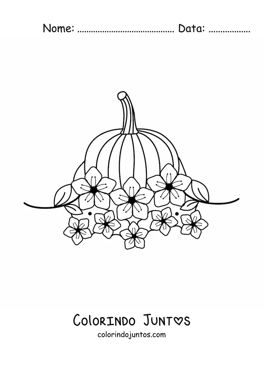 Desenho para colorir de uma abóbora rodeada de flores