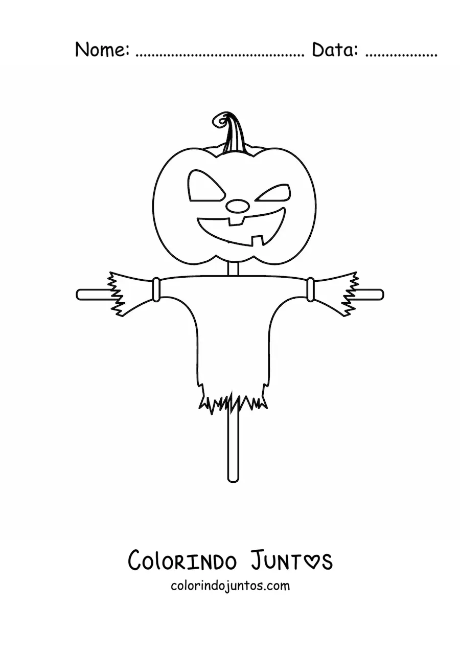 Desenho para colorir de um espantalho com uma cabeça de abóbora aterrorizante