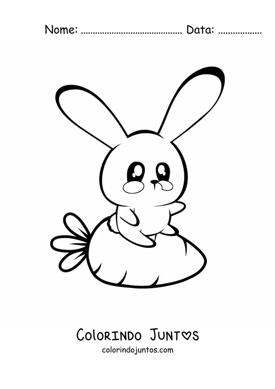 Desenho para colorir de um coelho kawaii com uma cenoura