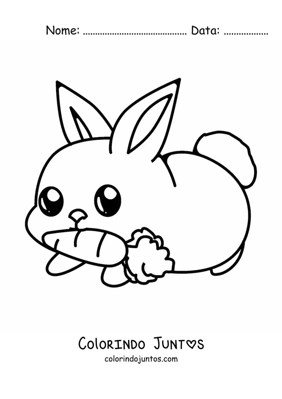 Desenho para colorir de um coelho kawaii com uma cenoura na boca
