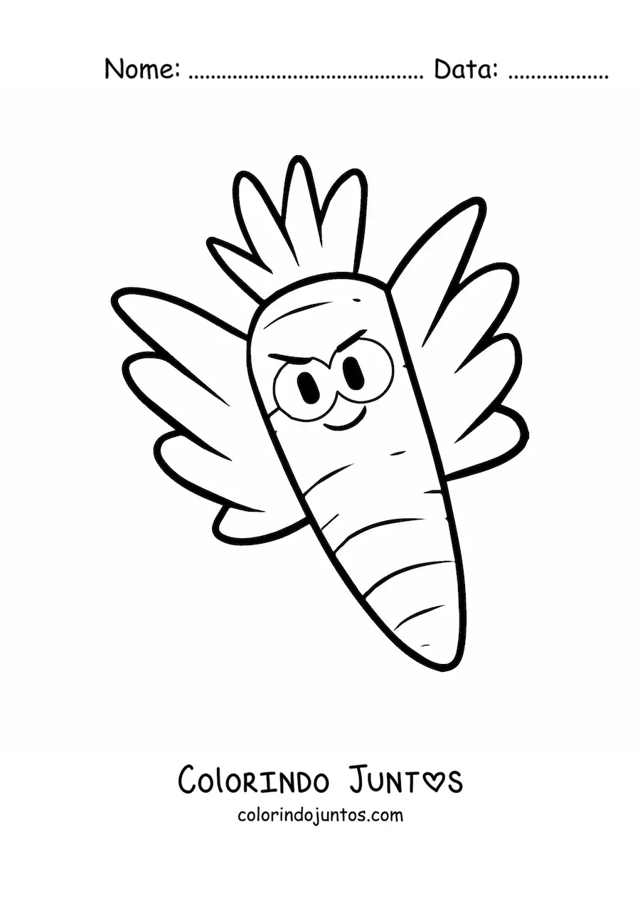 Desenho para colorir de uma cenoura animada com asas
