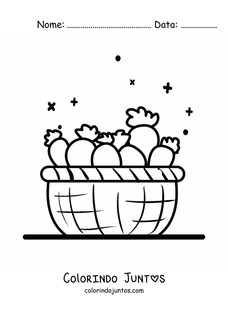 Desenho para colorir de uma cesta com várias cenouras
