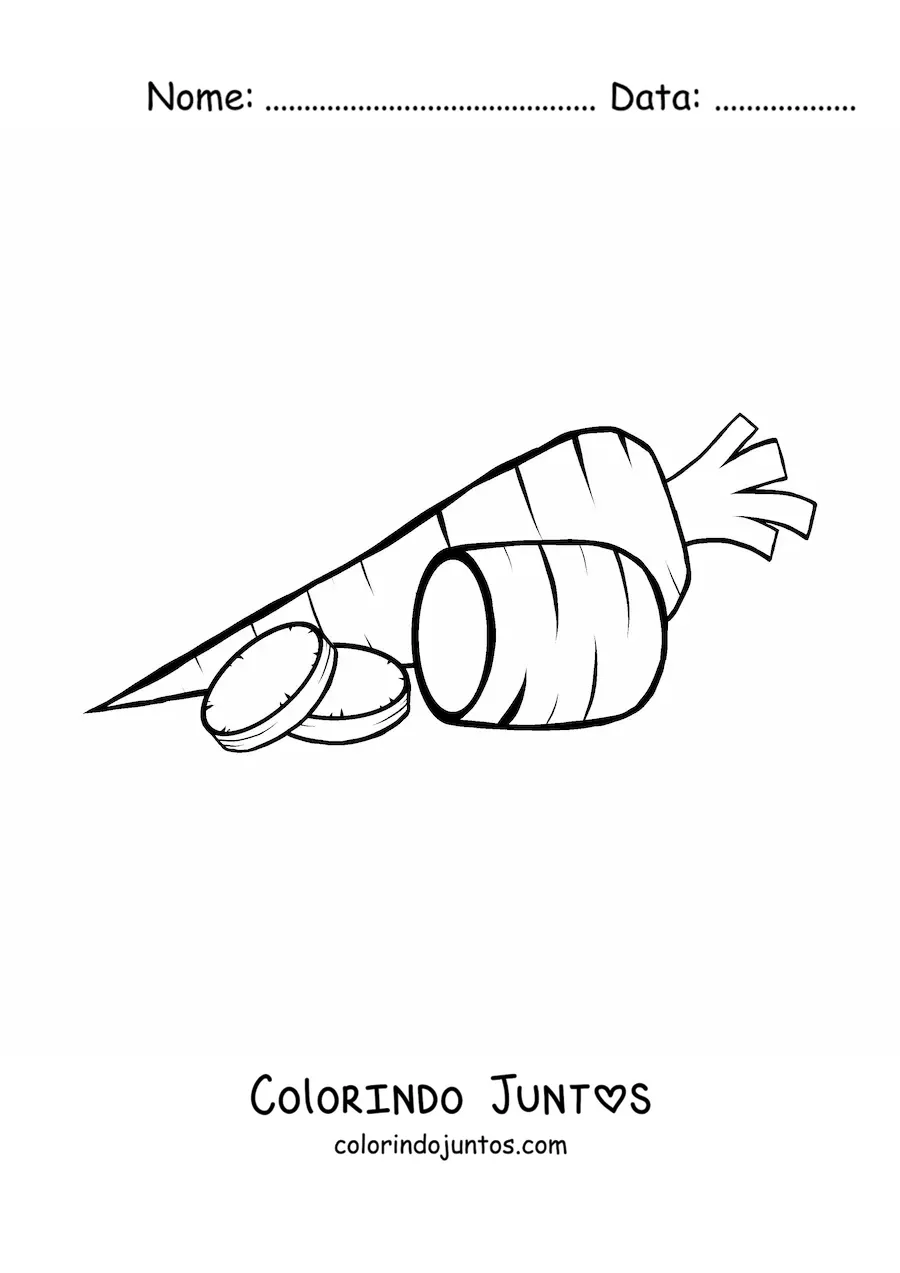 Desenho para colorir de uma cenoura fatiada em pedaços