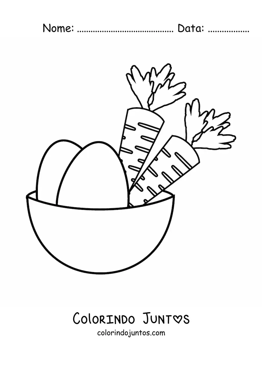 Desenho para colorir de duas cenouras em uma cesta ao lado de dois ovos