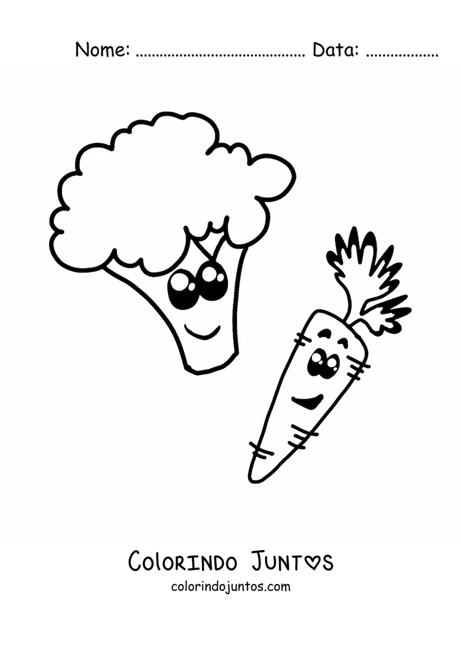 Desenho para colorir de uma cenoura animada ao lado de um brócolis animado