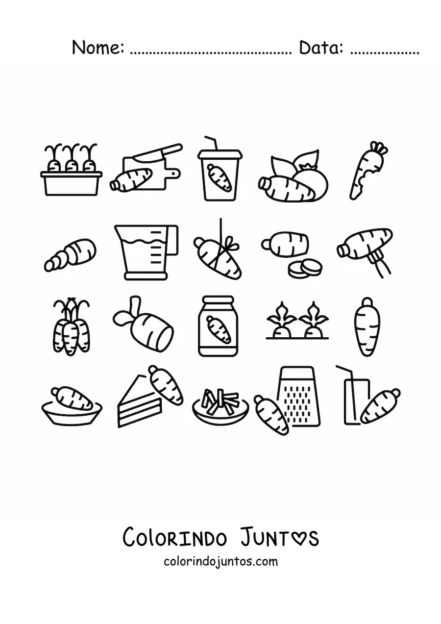 Desenho para colorir de várias formas de comer cenoura