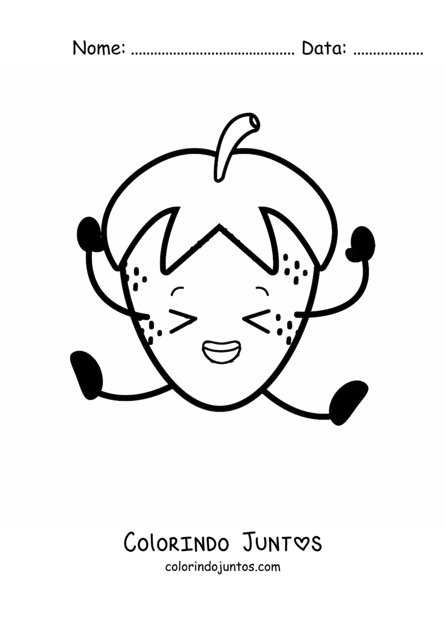 Desenho para colorir de um morango animado pulando com os olhos fechados