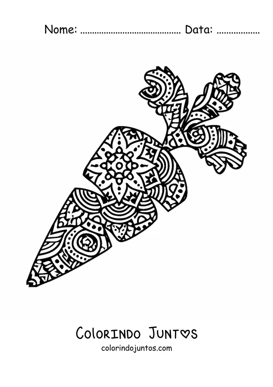 Desenho para colorir de uma mandala em formato de cenoura