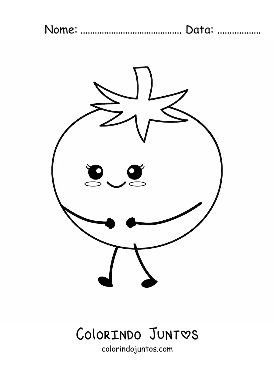 Desenho para colorir de um tomate kawaii animado tímido