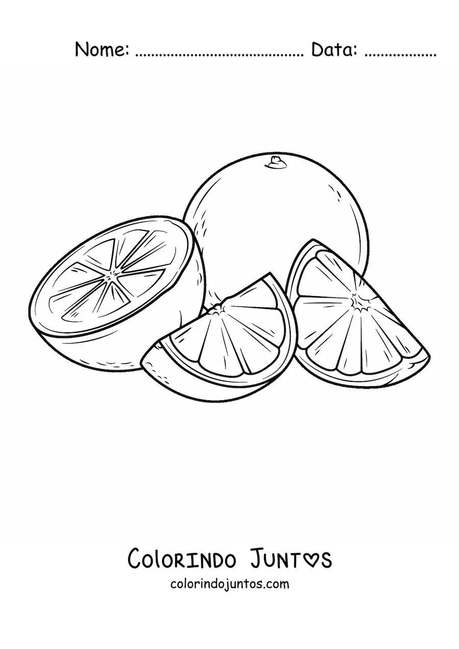 Desenho para colorir de uma laranja inteira ao lado de pedacos de outra laranja