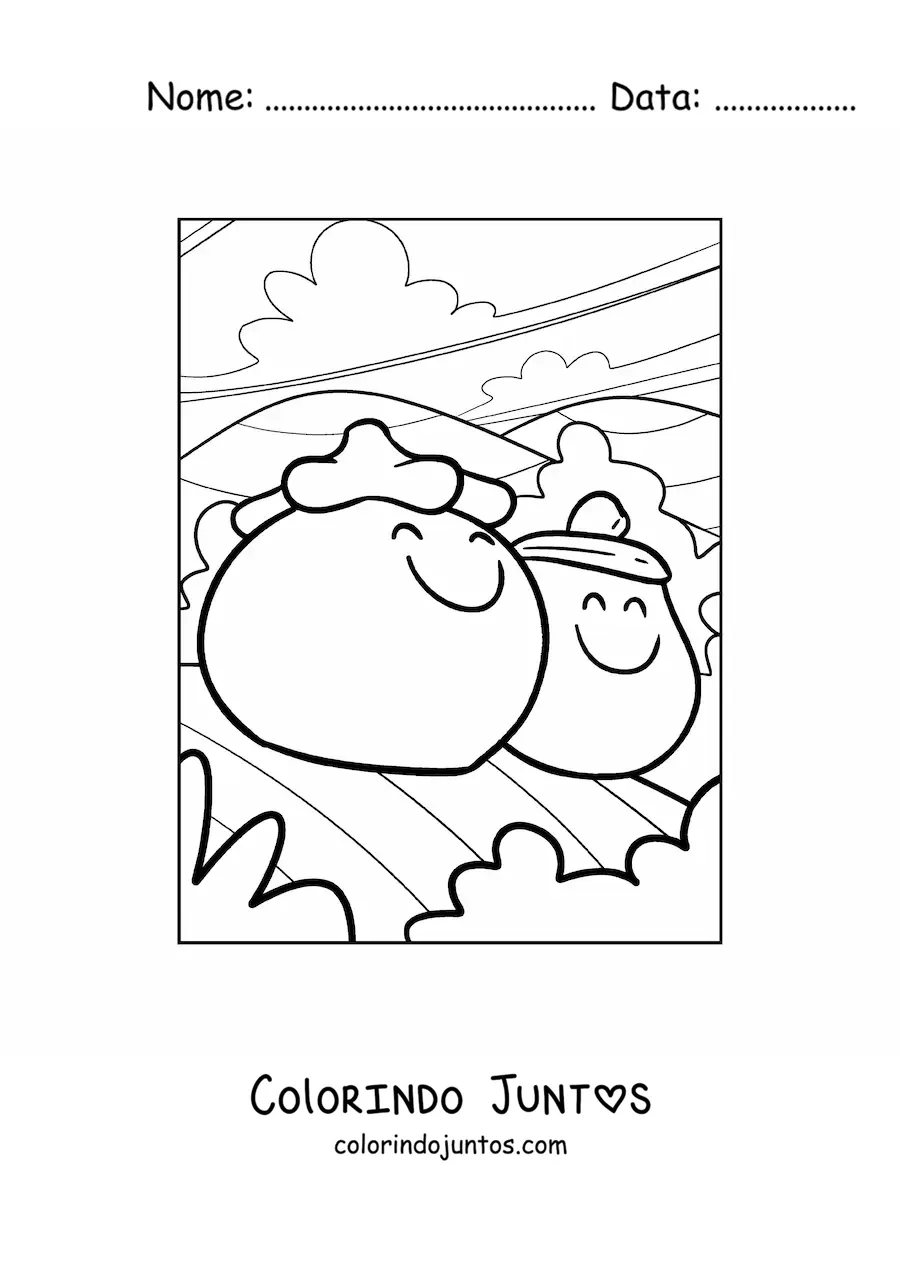 Desenho para colorir de um tomate animado ao lado de uma berinjela animada