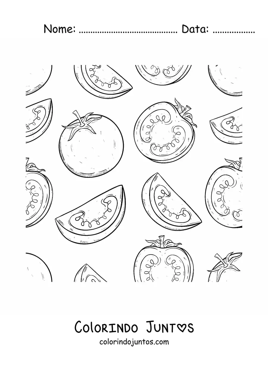 Desenho para colorir de vários tomates e pedaços de tomate