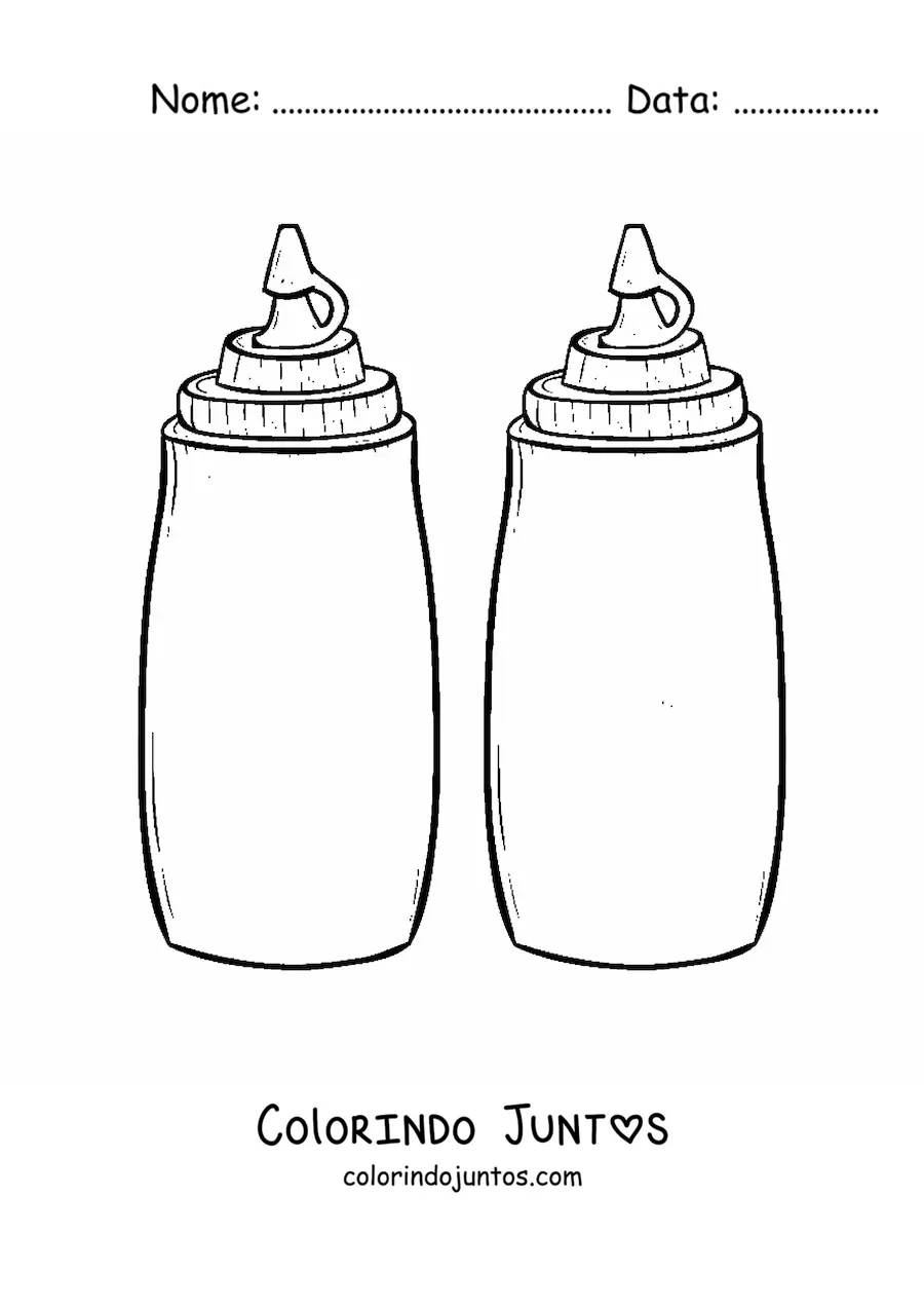 Desenho para colorir de um recipiente de molho de tomate ao lado de um de mostarda