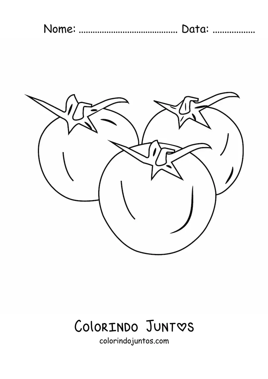 Desenho para colorir de três tomates pequenos com folhas