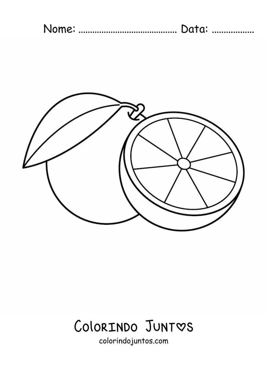 Desenho para colorir de uma laranja e meia laranja