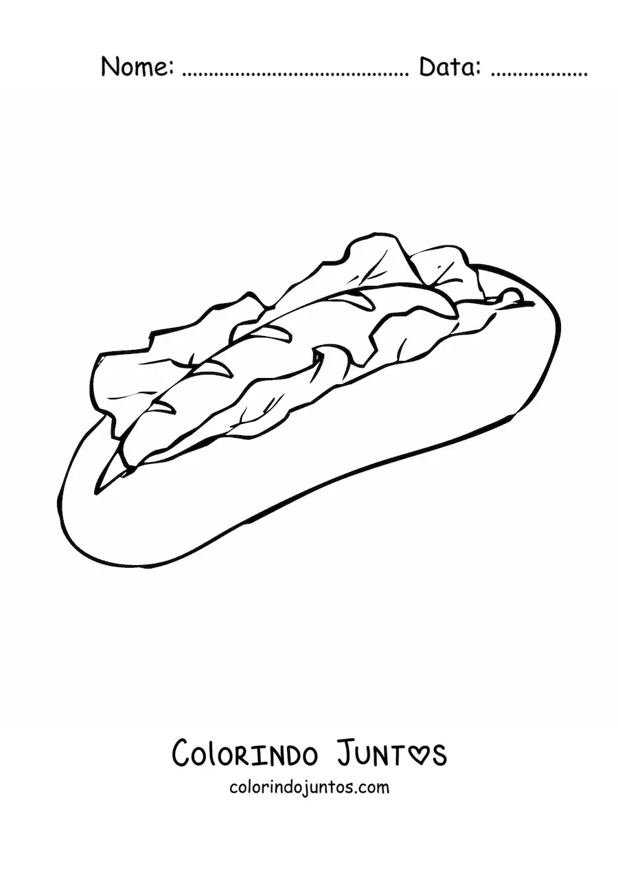 Desenho para colorir de um cachorro-quente com alface