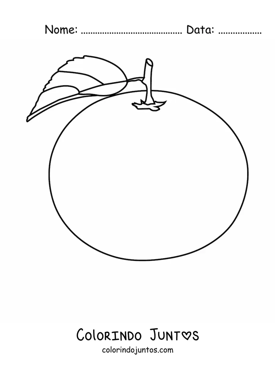 Desenho para colorir de uma laranja com folha e caule