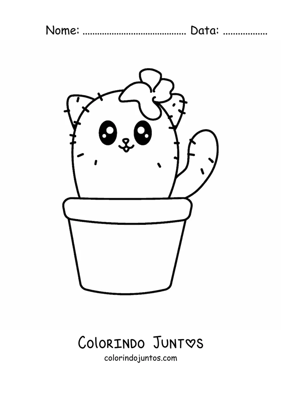 Desenho para colorir de um cacto em forma de gato kawaii