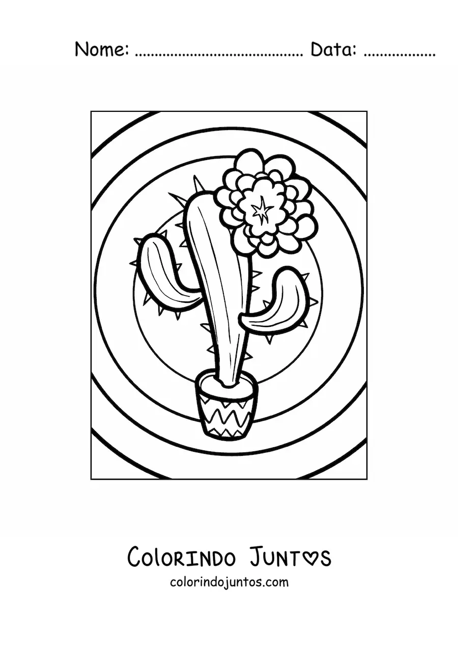 Desenho para colorir de um cacto com uma flor