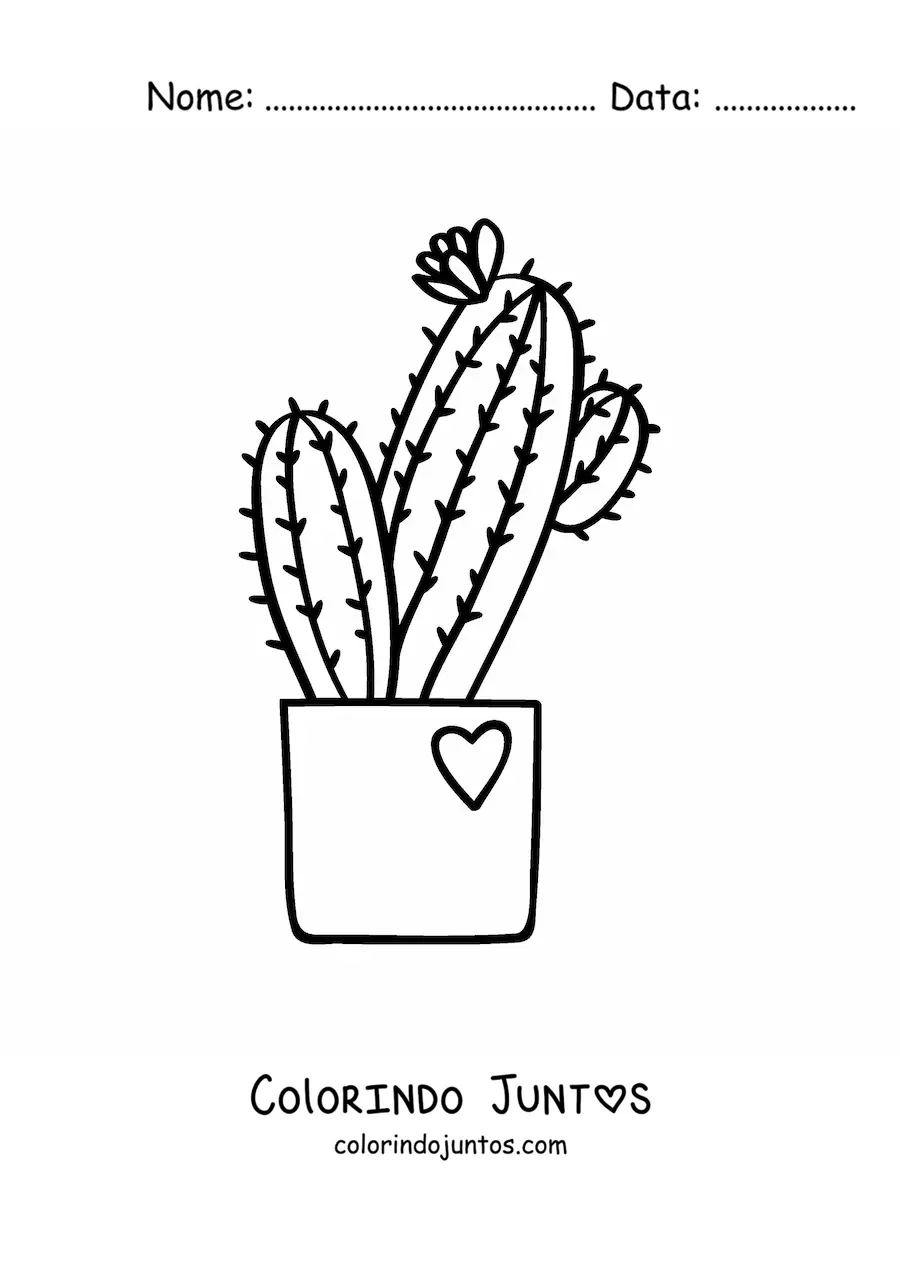 Desenho para colorir de um cacto com uma flor em um vaso com um coração