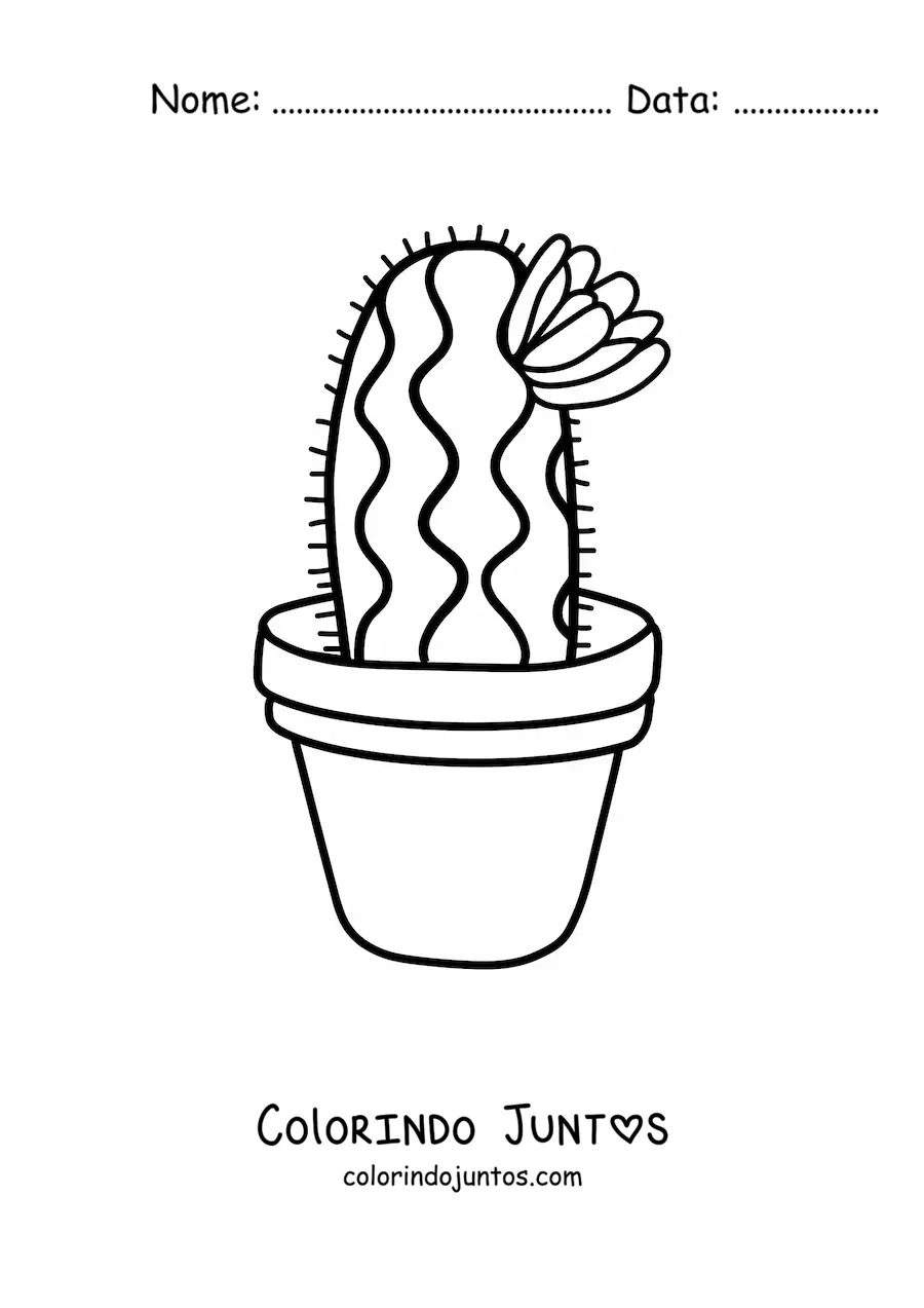 Desenho para colorir de um cacto fofo com uma flor em um vaso