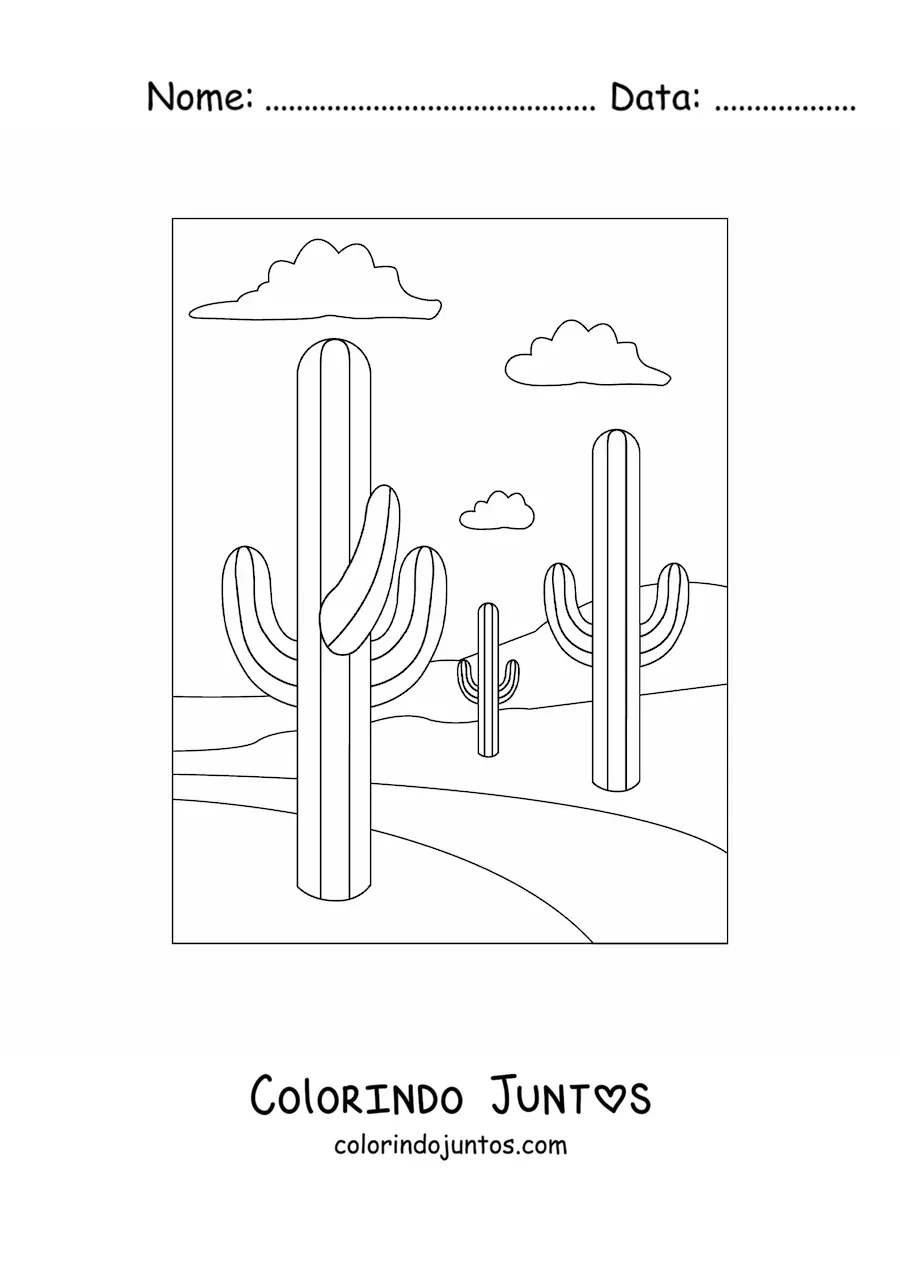 Desenho para colorir de três cactos no deserto