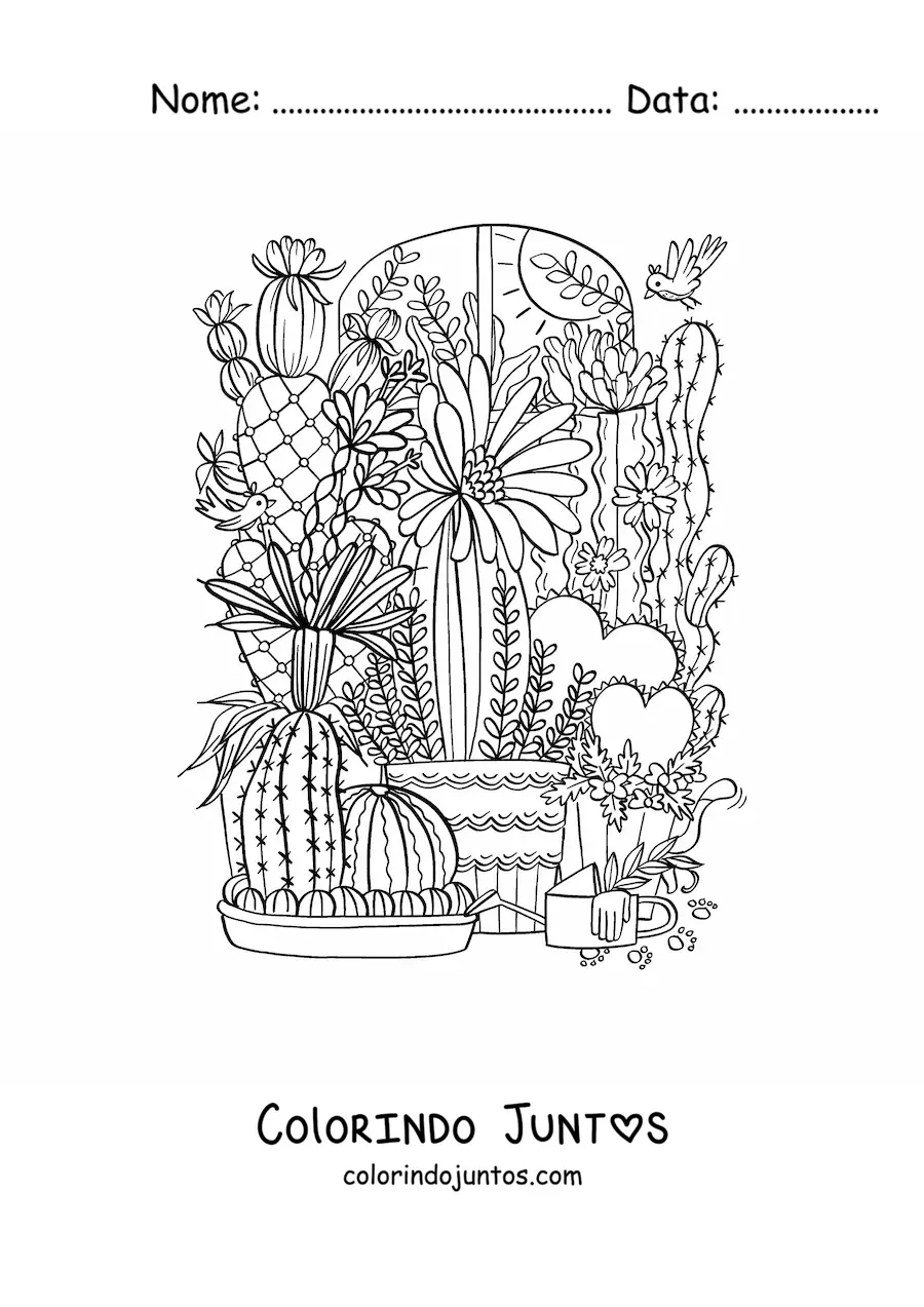 Desenho para colorir de vários cactos em vasos com flores e corações