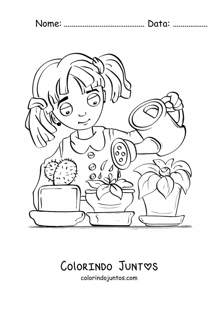 Desenho para colorir de uma menina regando um cacto