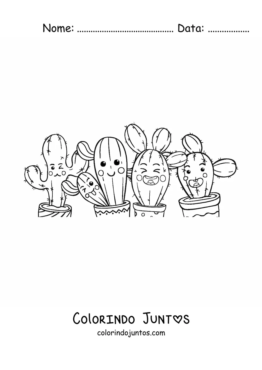Desenho para colorir de vários cactos kawaii animados