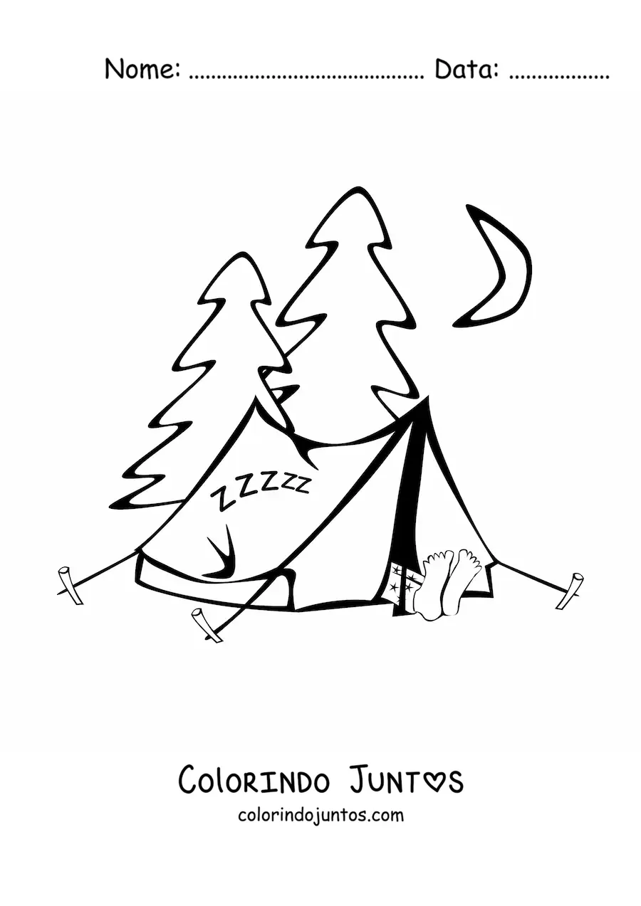 Desenho para colorir de um acampamento em uma floresta de pinheiros