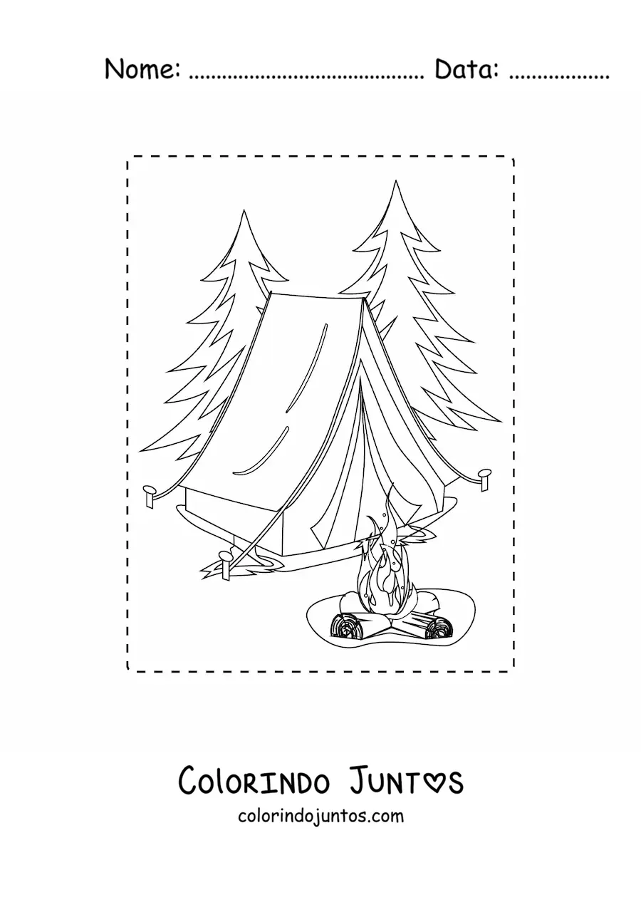 Desenho para colorir de uma barraca e uma fogueira em uma floresta de pinheiros