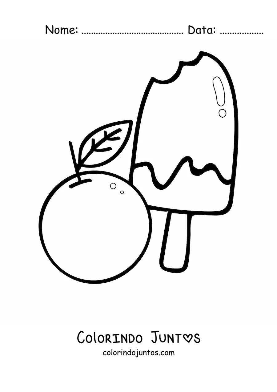 Desenho para colorir de um picole ao lado de uma laranja