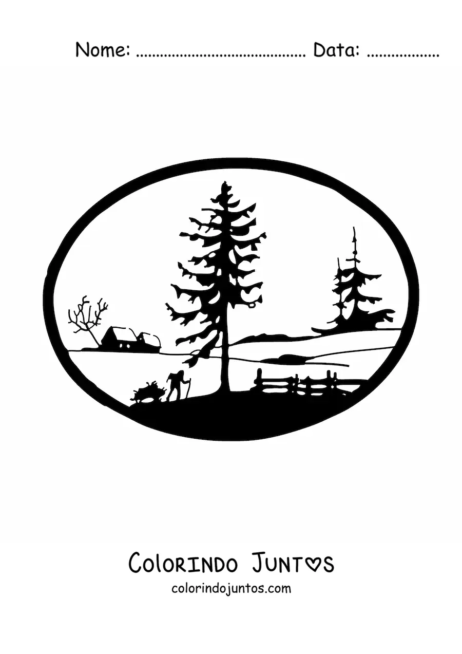 Desenho para colorir de uma paisagem com pinheiros