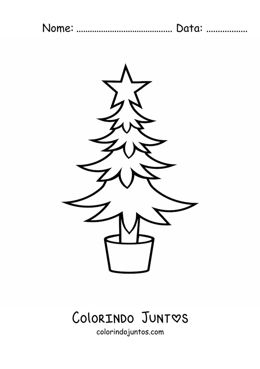 Desenho para colorir de um pinheiro decorado com uma estrela em um vaso