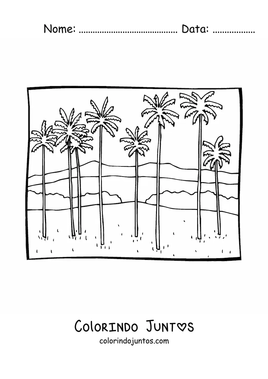 Desenho para colorir de uma paisagem com montanhas e palmeiras